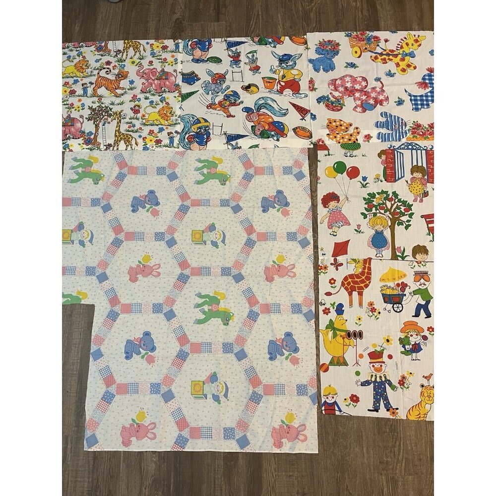VTG 60 70s Nursery Child Fabric Patchwork Novelty 6 Squares 21" Bright Primary